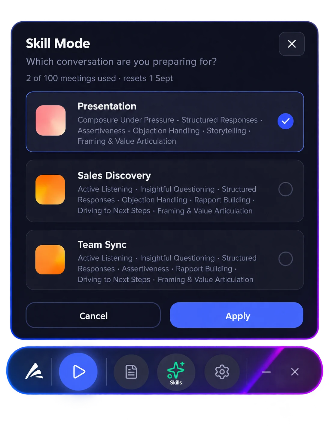 Skill Mode open above the desktop bar: choosing which conversation you're preparing for — Presentation, Sales Discovery or Team Sync — each template listing the competencies it scores