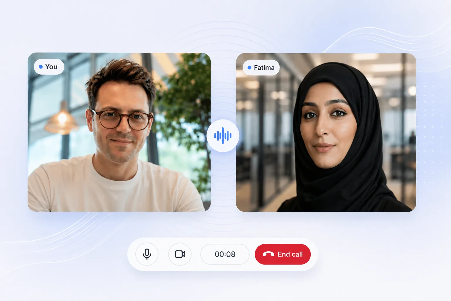 Live video simulation: the user and an AI persona in an unscripted conversation